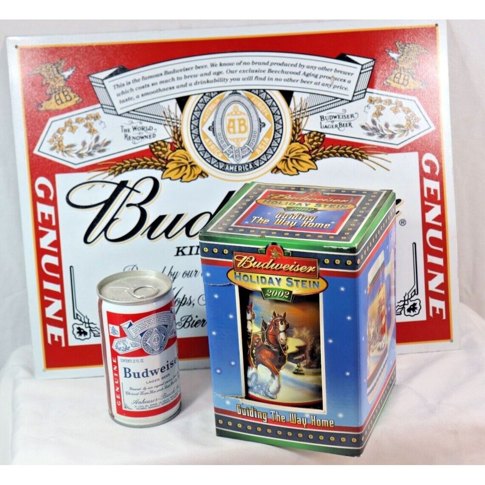 Budweiser Decor Lot Metal Sign Vtg Can Beer Stein 3 Pieces For Man Cave Bar Room
